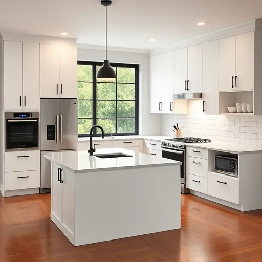 Modern remodeled Allandale TX kitchen with white cabinets black hardware quartz island stainless steel appliances neutral backsplash hardwood floor natural light