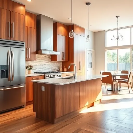 Recently remodeled East Cesar Chavez kitchen with modern wood cabinets stainless steel appliances marble island hardwood floors and stylish lighting
