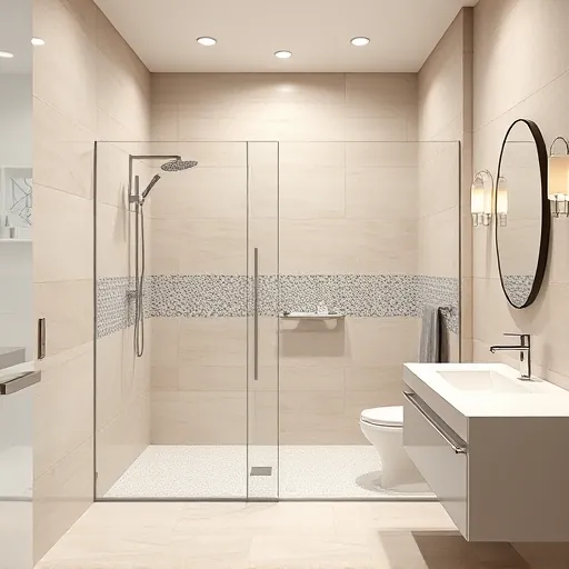 Beautiful modern bathroom with custom mosaic tile shower, sleek glass doors, chrome fixtures, and neutral tones in Austin Texas