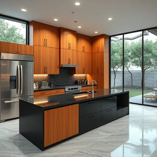 Newly remodeled kitchen in Spanish Oaks TX with modern wood cabinetry, black accents, granite island, and natural light.