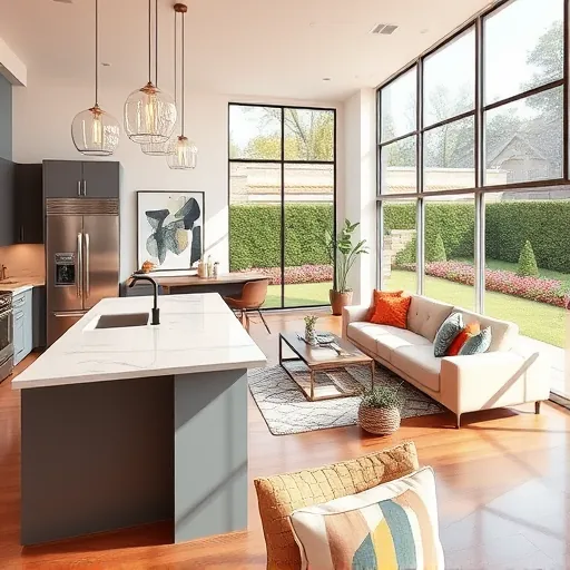 Open-concept living space in Crestview TX with modern kitchen, elegant decor, natural light, and lush indoor plants.