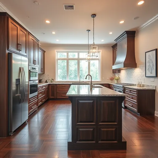 Elegant, modern kitchen in Falconhead, TX with high-end appliances, rich cabinetry, and serene outdoor views.