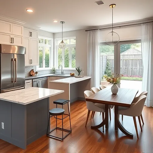 Modern kitchen remodel in Bouldin Creek, TX with sleek appliances, marble countertops, and serene lighting atmosphere.