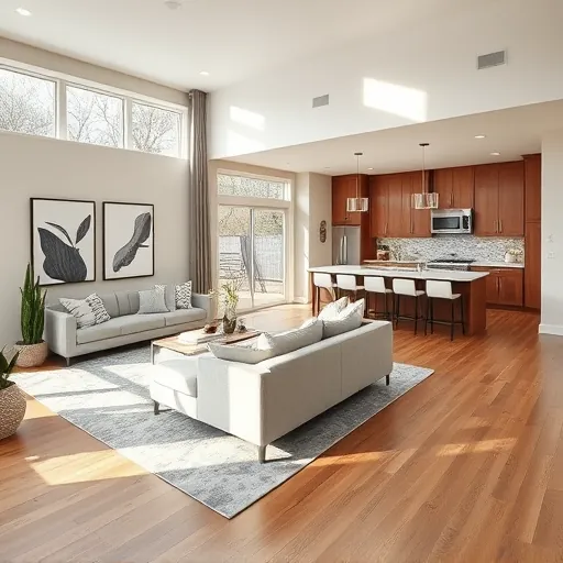 Modern chic living room in West Lake Hills TX with hardwood floors, large windows, and stylish furniture.