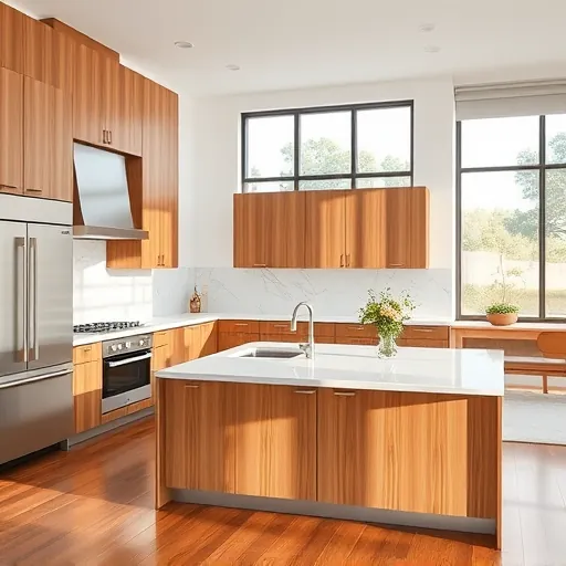 Renovated Barton Hills Texas modern kitchen with wood finish cabinetry stainless steel appliances quartz island natural light hardwood floors and greenery view