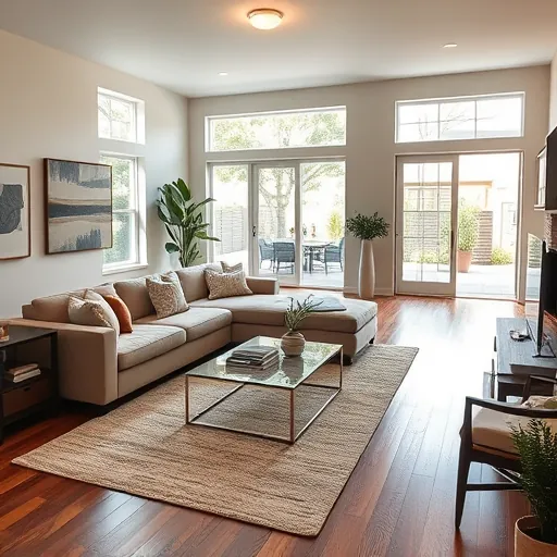 Modern living room in Wimberley, TX, with elegant furnishings, natural light, and a seamless flow to a remodeled kitchen.
