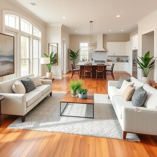 Renovated living room in Travis Country TX with modern open design, neutral tones, natural light, and stylish decor.