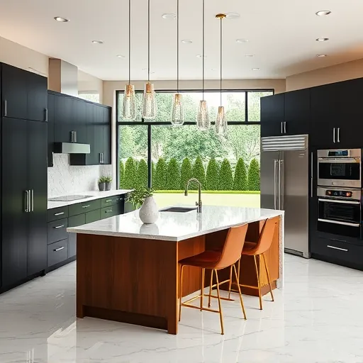 Modern remodeled kitchen in West Lake Hills TX with black and wood cabinets marble island stainless steel appliances and natural light