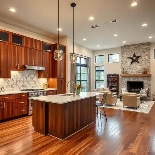 Modern kitchen remodel in Barton Creek TX with walnut cabinets, quartz countertops, and spacious island, inviting ambiance.