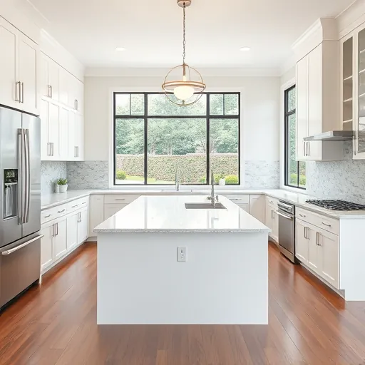 Renovated Spicewood TX kitchen with white cabinets, quartz island, modern appliances, hardwood floors, and landscape view