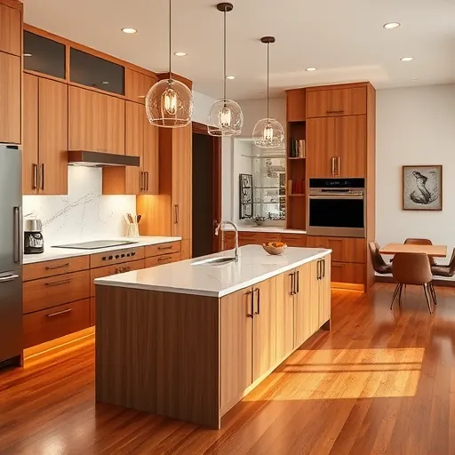 Modern South Lamar kitchen with warm wood cabinets, granite island, built-in appliances, pendant lighting, and hardwood floors