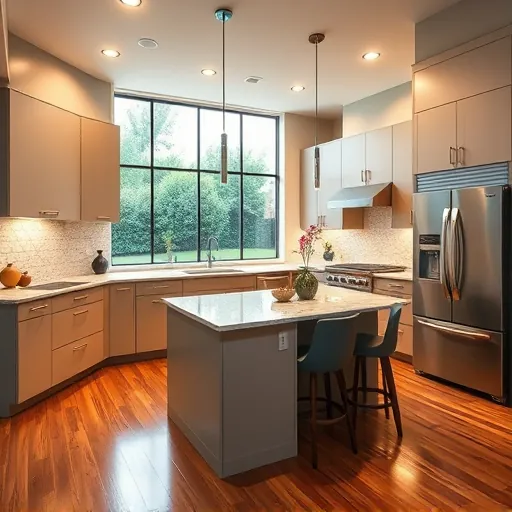 Remodeled Hyde Park TX kitchen with sleek matte cabinets stainless steel appliances granite island hardwood floors modern backsplash