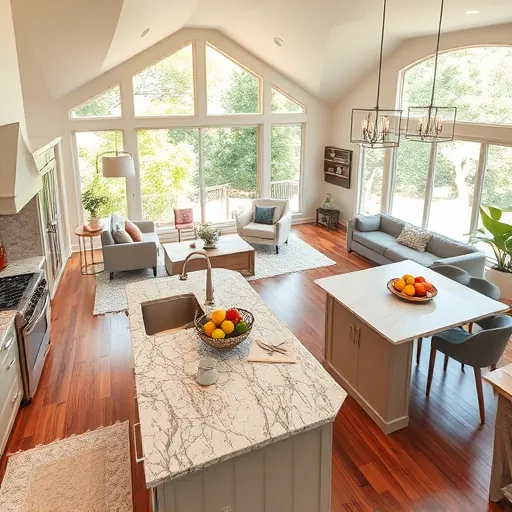 Bright open-concept living space in Dripping Springs TX with modern kitchen, elegant furnishings, and natural light.