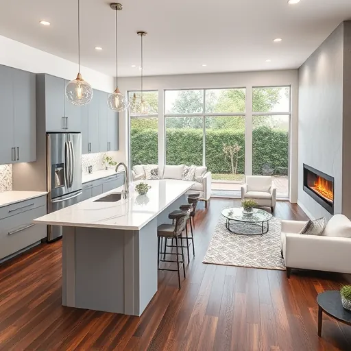 Modern kitchen and living room remodel in Sunset Valley TX with gray cabinetry, marble island, and natural light.