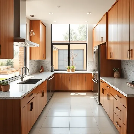 Newly remodeled Austin kitchen with modern cabinetry, granite island, stainless steel appliances, and large windows.