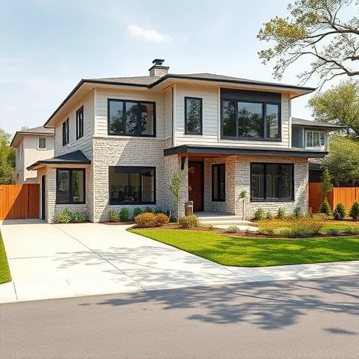 Recently completed second-story addition on a modern Austin home featuring large windows, sleek siding, stone accents, and landscaped surroundings
