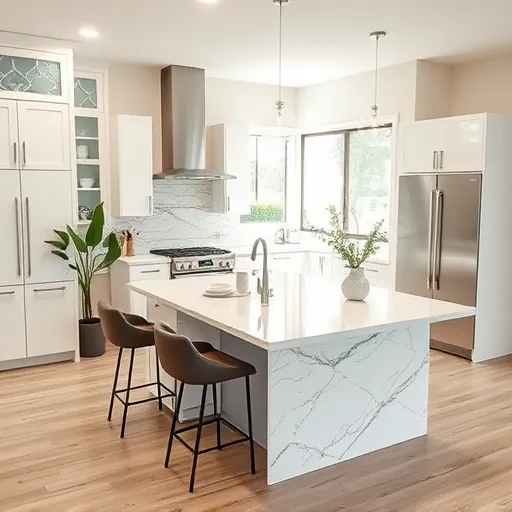 Modern kitchen remodel in Windsor Park TX features sleek cabinetry, marble counters, and stylish island with bar stools.