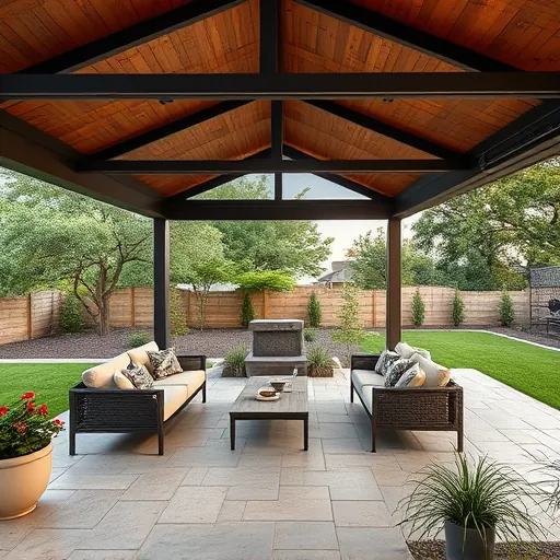Completed outdoor covered patio with wooden roof, stone flooring, cozy seating, lush greenery, and warm ambient lighting