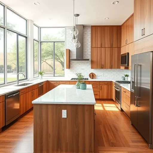 Remodeled Spanish Oaks kitchen with granite counters stainless steel appliances custom wood cabinets marble island and outdoor greenery view