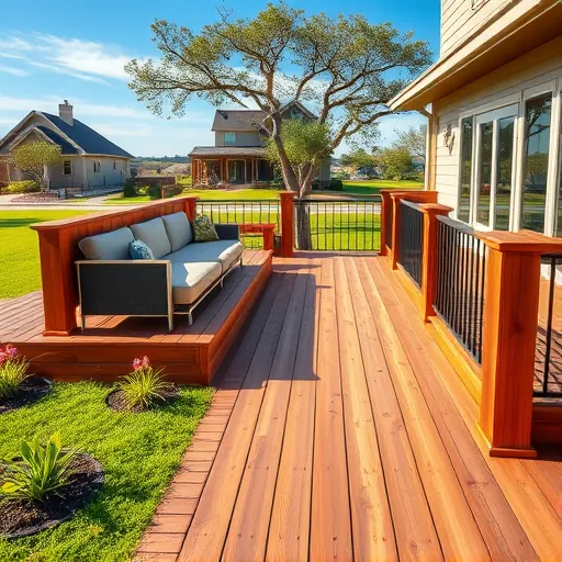 Beautiful cedar deck with built-in seating, metal baluster railings, lush landscaping, and a modern suburban Austin neighborhood