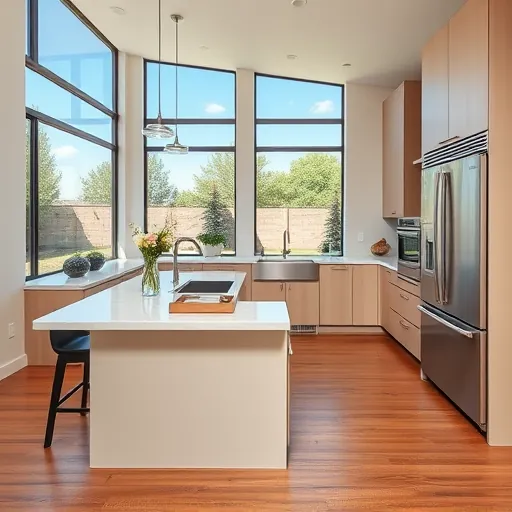 Beautiful modern Austin kitchen with sleek cabinets, quartz countertops, stainless appliances, hardwood floors, and lush backyard view