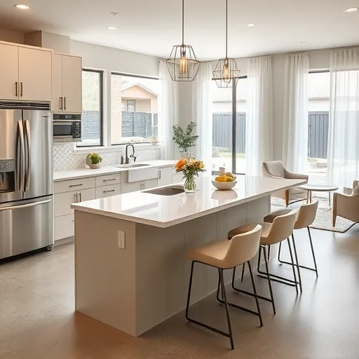 Renovated Zilker Texas kitchen with modern matte cabinets stainless steel appliances quartz counters subway tile backsplash bright windows and outdoor view