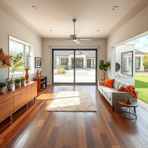 Stylish converted Austin garage with hardwood floors, modern furniture, natural light, potted plants, and Texas skyline view
