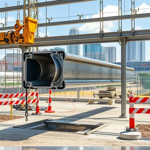 Polished steel beam installed at an Austin construction site with city skyline, tools, safety barriers, soil, and gravel details
