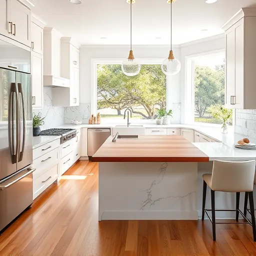 Renovated Tarrytown TX kitchen with quartz counters stainless steel appliances custom white cabinets marble backsplash wooden breakfast bar natural light hardwood floors modern smart controls lush outdoor view