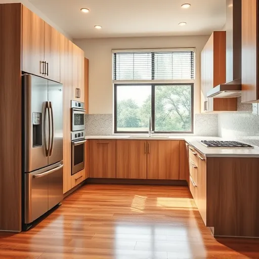 Remodeled Oak Hill Texas kitchen with modern wood cabinetry quartz countertops stainless steel appliances and polished hardwood flooring