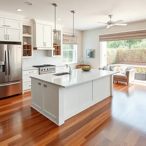Modern kitchen remodel in West Lake Hills TX features white cabinetry, marble island, stainless steel appliances, and natural light.