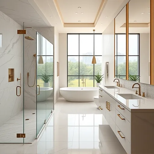Luxurious modern Austin bathroom with marble shower, soaking tub, double vanity, greenery, and natural light