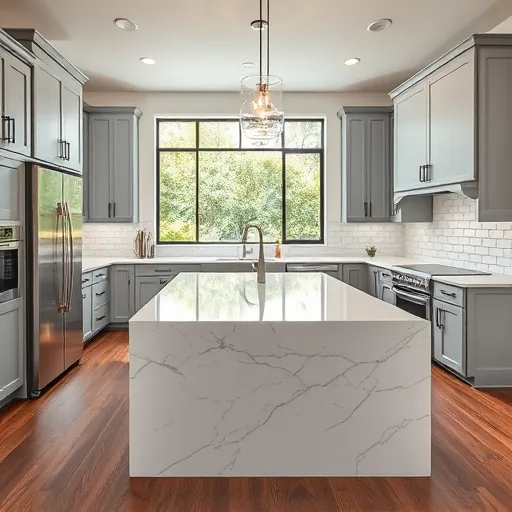 Modern kitchen remodel in Bee Cave TX featuring polished white marble island, stainless steel appliances, and gray cabinetry.