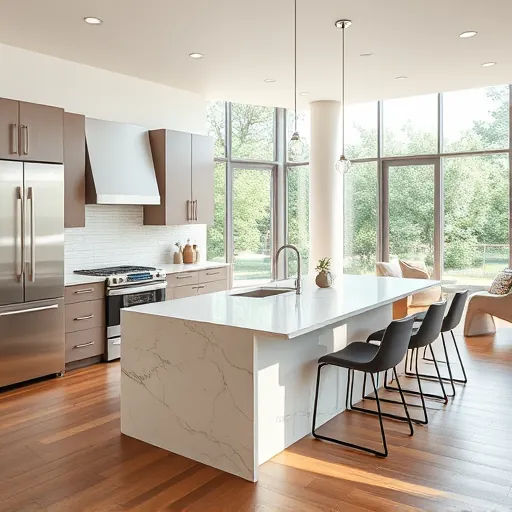 Kitchen remodel in Allandale TX with modern cabinets, marble island, stainless appliances, and bright natural light.