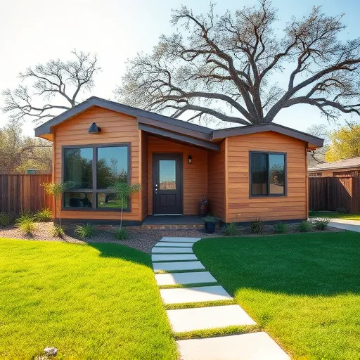 Newly built modern ADU in Austin Texas with warm tones, large windows, lush lawn, native plants, and scenic backdrop