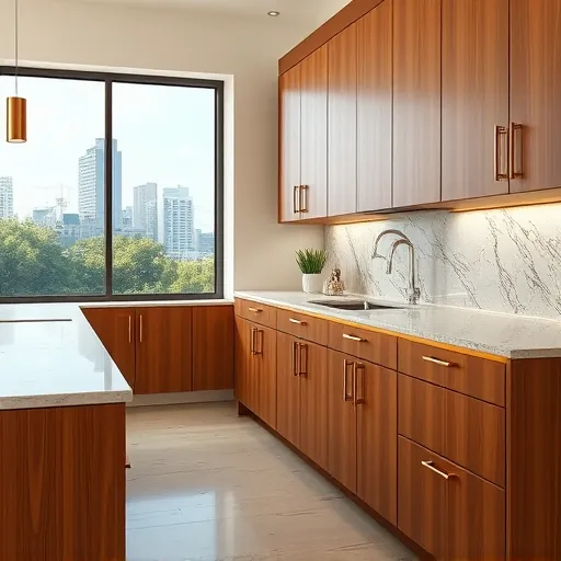 Completed custom wood cabinets with granite countertops in a modern Austin kitchen featuring skyline views and lush greenery