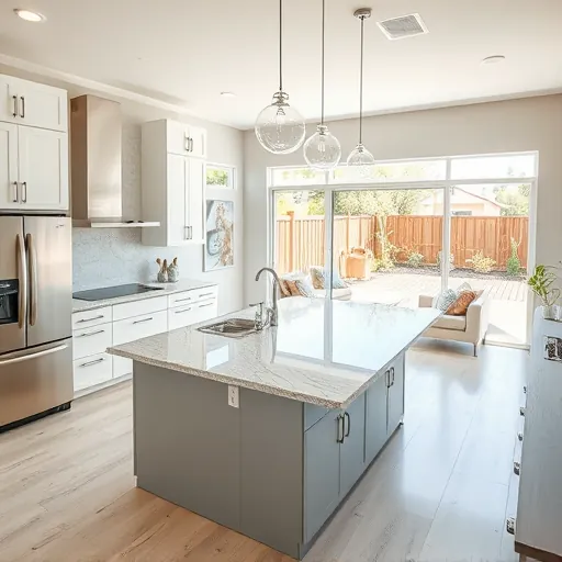 Modern open-concept kitchen and living area in Lakeway TX featuring high-end appliances, elegant furniture, and natural light.