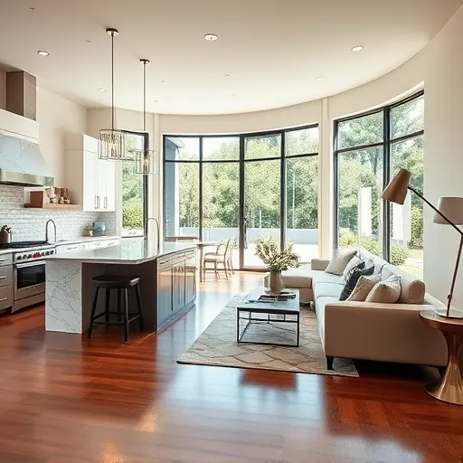 Modern kitchen remodel in Steiner Ranch TX with marble countertops, sleek cabinets, and lush green views through windows.