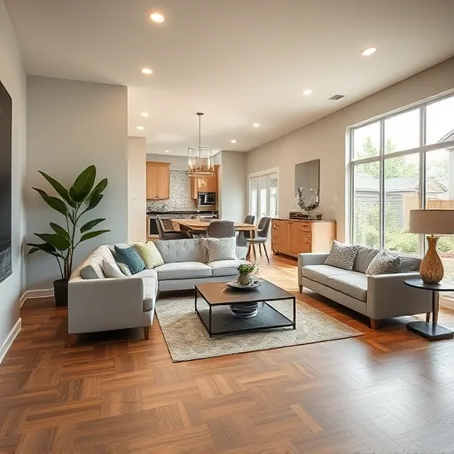 Modern living room in Bouldin Creek, TX, features elegant design, wooden floors, soft lighting, and a view of a renovated kitchen.