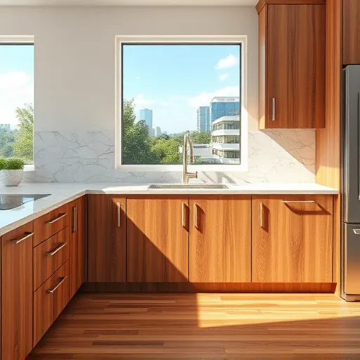 Refaced Austin kitchen with sleek wood grain cabinets, marble countertops, elegant tile backsplash, and polished hardwood flooring