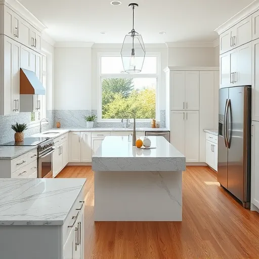 Modern renovated kitchen in Volente TX with sleek white cabinetry high-end appliances granite countertops glass backsplash hardwood floors island natural light outdoor view