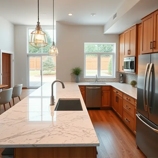 Remodeled Belterra TX kitchen with granite countertops stainless steel appliances custom wood cabinets and landscaped backyard view