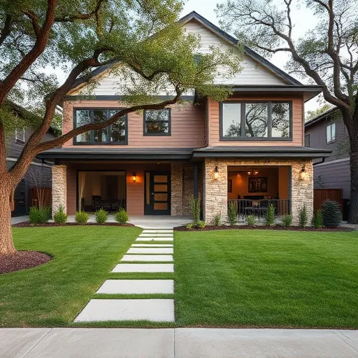 Modern Austin home with new second-story addition, large windows, earth-toned siding, stone accents, lush yard, and stylish lighting