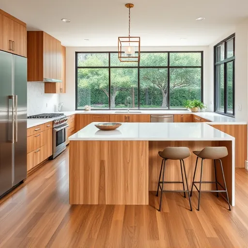 Modern renovated kitchen in Barton Creek with quartz countertops wooden cabinets stainless steel appliances hardwood floors and lush backyard views