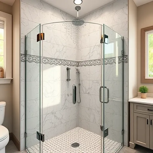 Completed custom tile shower with modern patterns, glass enclosure, chrome fixtures, and natural light in a stylish Austin bathroom
