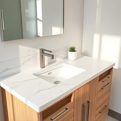 Modern bathroom vanity in Austin with marble countertop, natural wood cabinet, neutral tiles, and sleek hardware