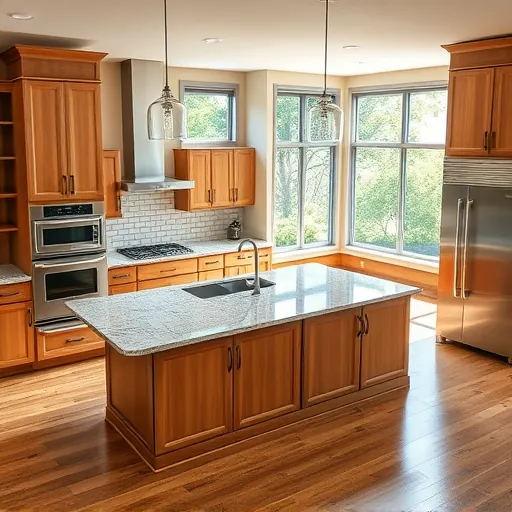 Renovated Oak Hill TX kitchen with granite counters stainless steel appliances custom wood cabinetry hardwood floors and large windows
