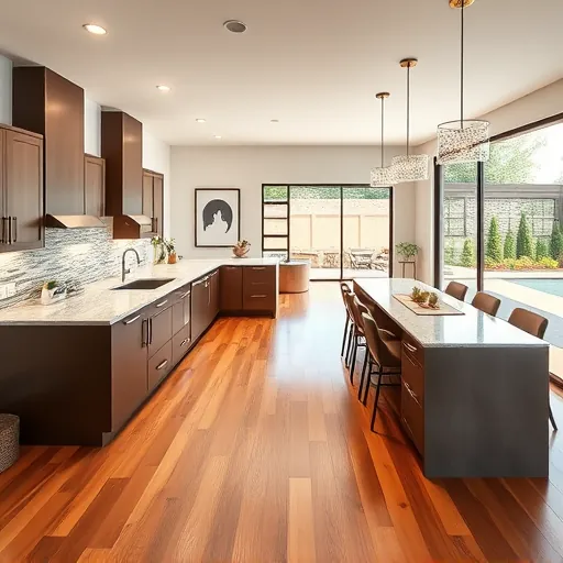 Remodeled kitchen in Travis Country TX with custom cabinetry, quartz island and open layout to light-filled living area.