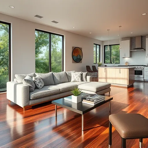 Modern living room remodel in South Lamar TX featuring grey sofa, hardwood floors, and contemporary kitchen elements.