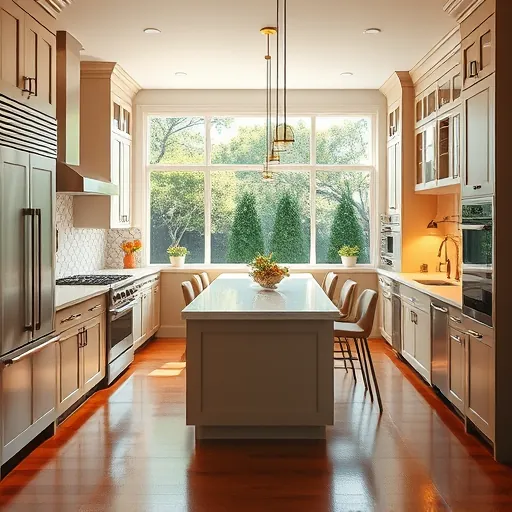 Renovated Manchaca TX kitchen with modern matte cabinets stainless steel appliances quartz island hardwood floors and lush backyard views